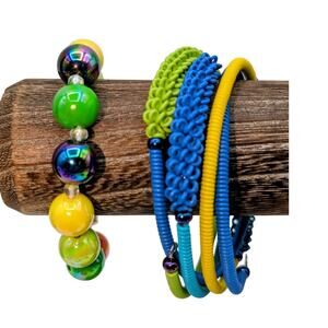 Lot of Two Colorful Telephone Wire Wrap Bracelet & Opalescent Beaded Bracelets